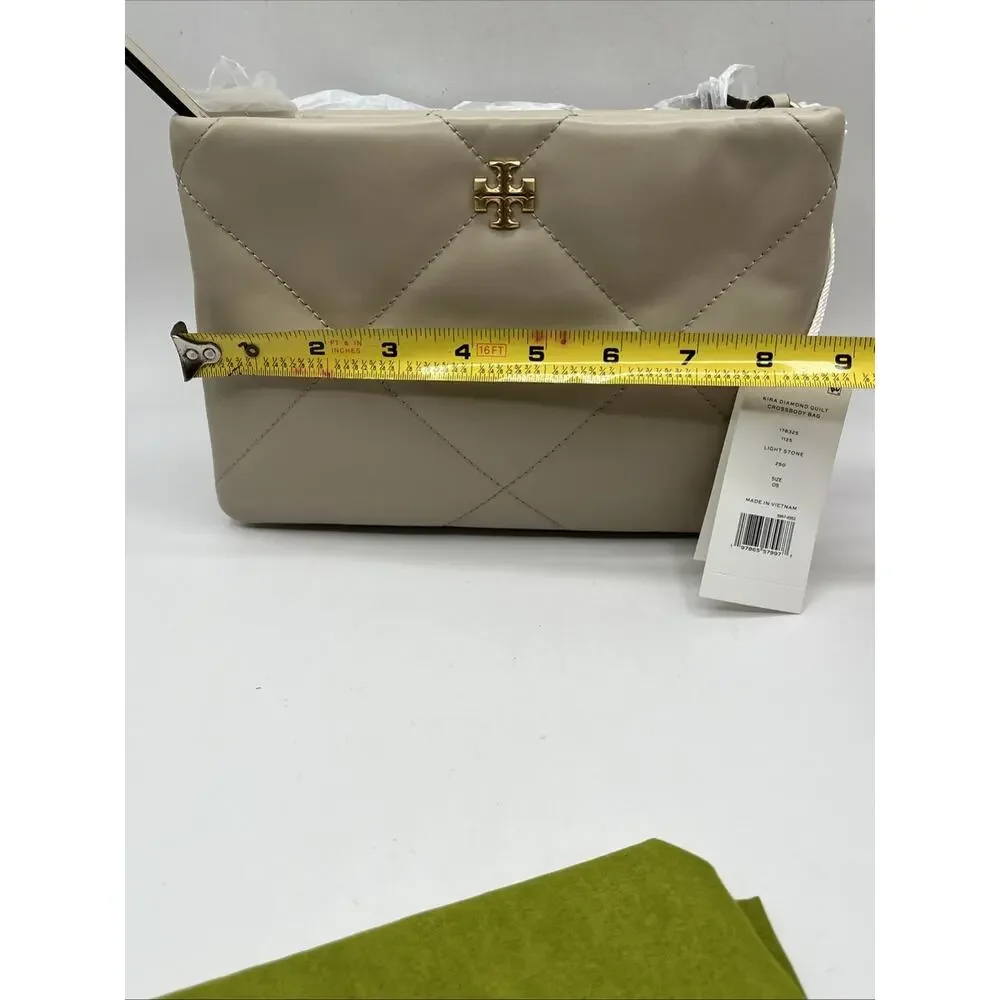 Tory Burch Small Kira Diamond Quilt Leather Shoulder Bag Light Stone Beige NWT